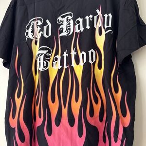NEW Ed Hardy Tattoo Short Sleeve Camp Shirt Men's L Hawaiian Flames Button Up
